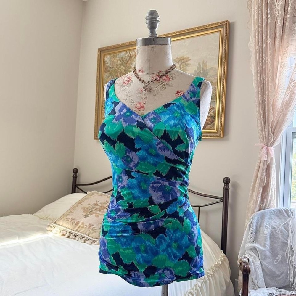 ate 70s 80s roxanne blue green abstract print one piece swimsuit size 16‎ cup c